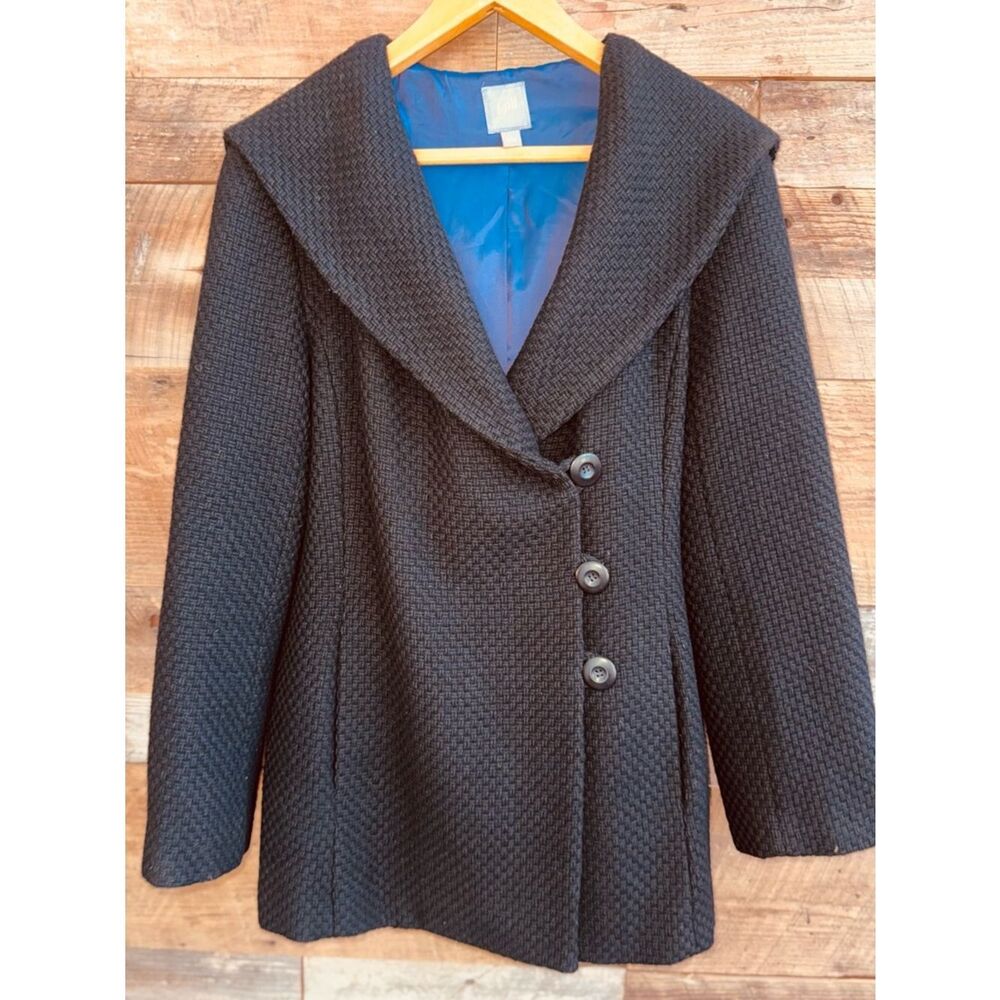J. Jill Black Basketweave Wool Blend Hooded Coat Jacket Purple Lined Size Large